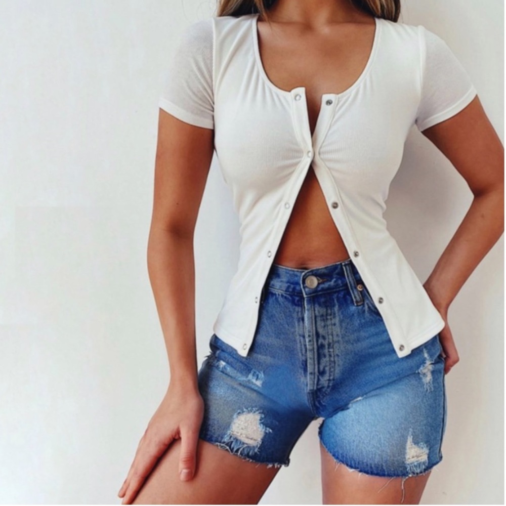 White Snap Short Sleeve Ribbed Top